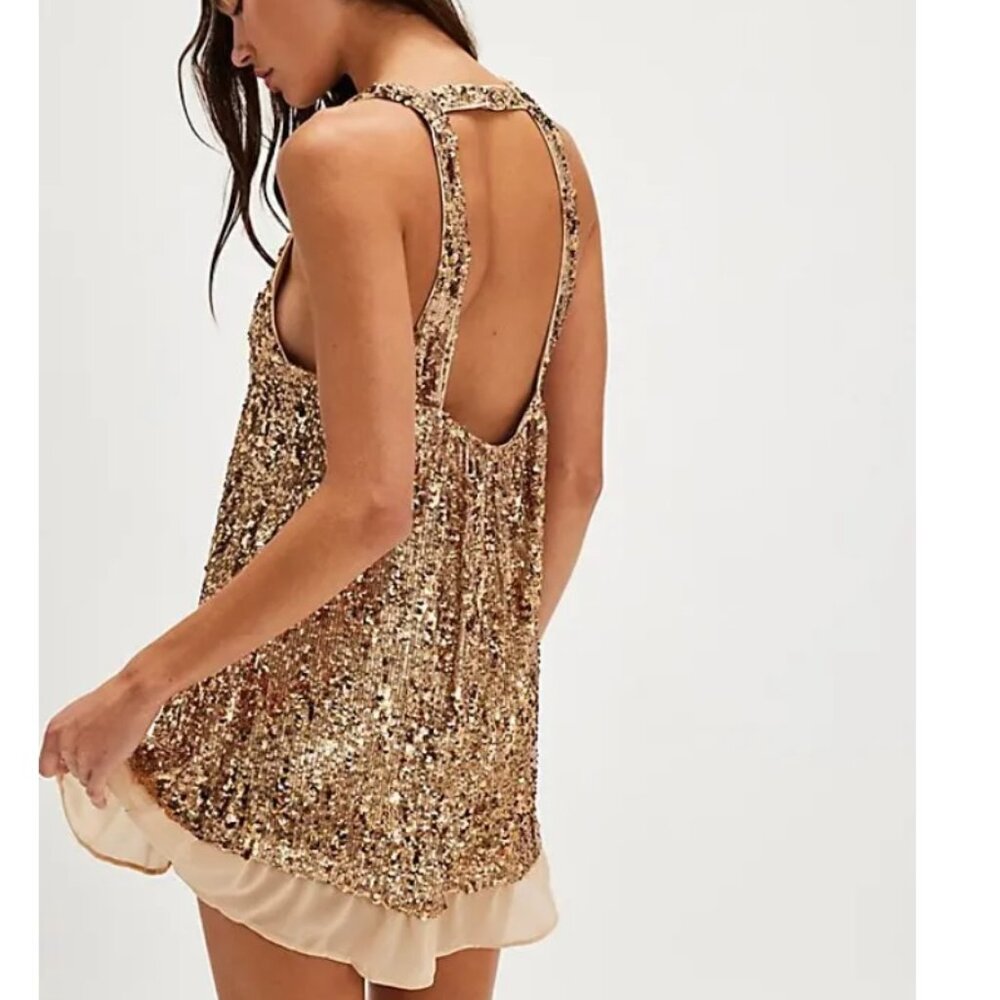 NWT Free People Intimately Bejeweled Mini Gold Sequin Dress Women's Medium